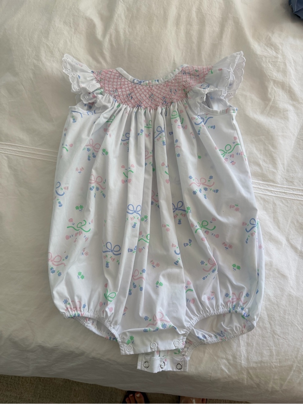 White Baby Romper with Pastel Bow & Floral Print